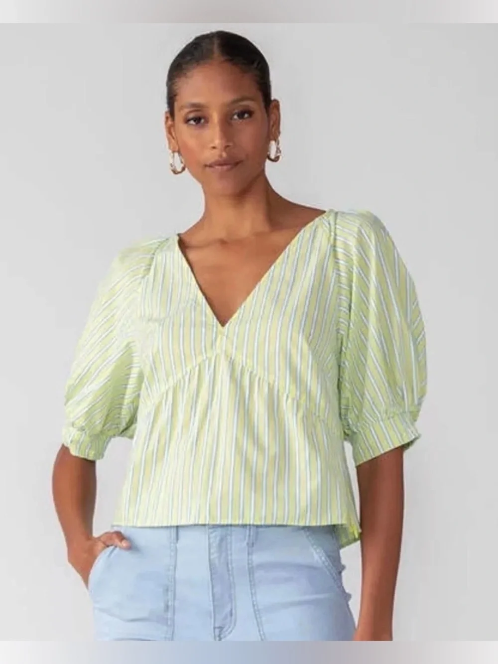 Anthropology Sanctuary Light Green Striped Blouse Size: Medium